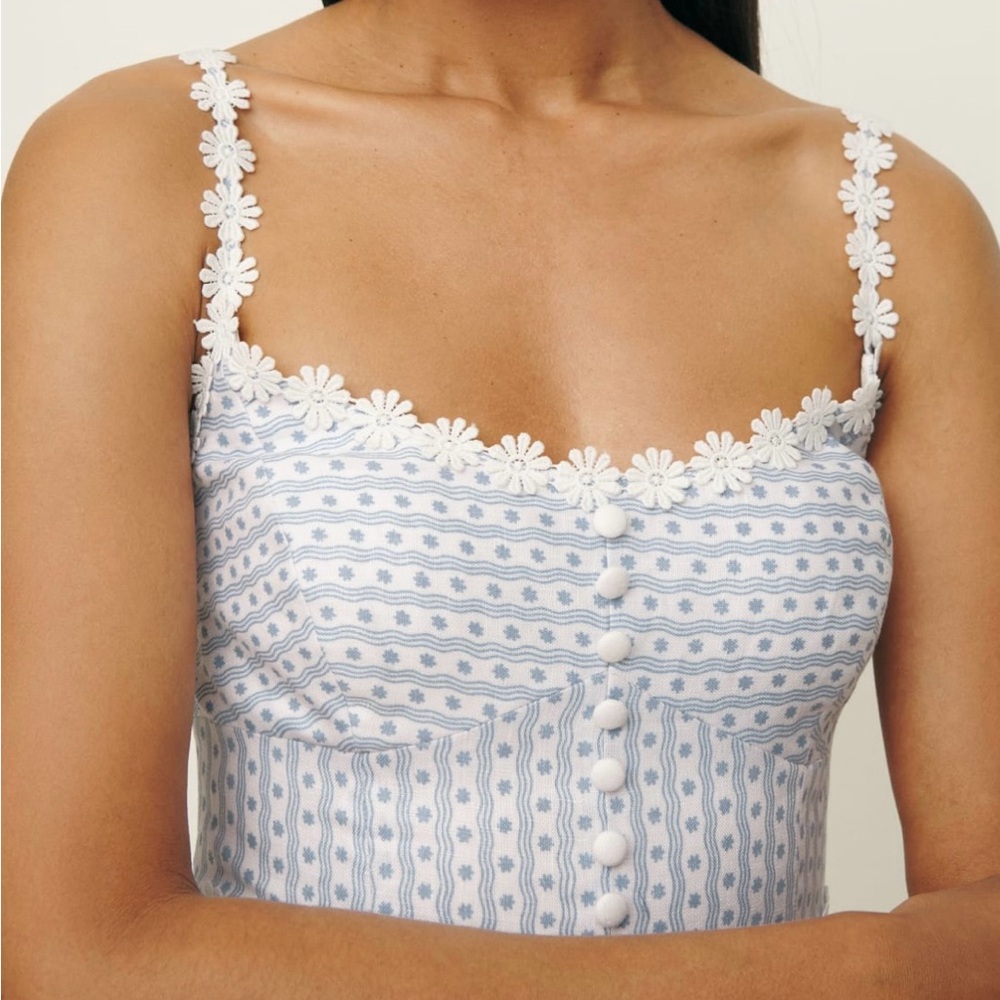Reformation Sky Blue and Cream Floral Blouse